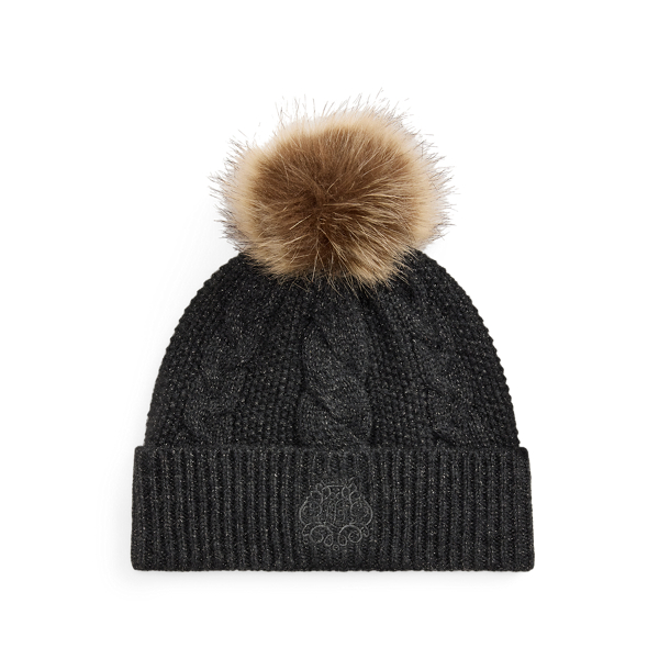 Embroidered-Crest Pom-Pom Cable Beanie