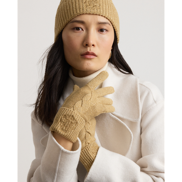 Embroidered-Crest Metallic Knit Gloves