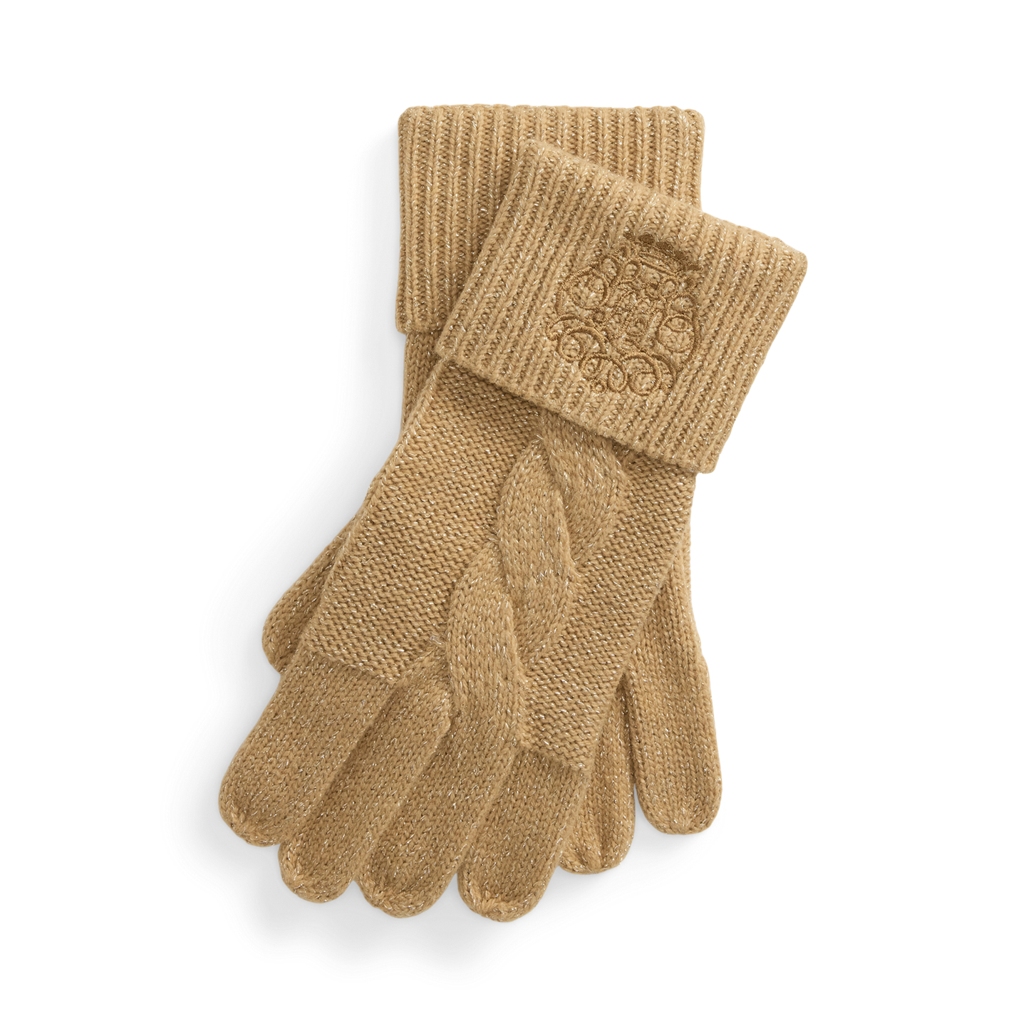 Женские перчатки Ralph Lauren Embroidered-Crest Metallic Knit Gloves, цвет: Верблюжий — фото 3