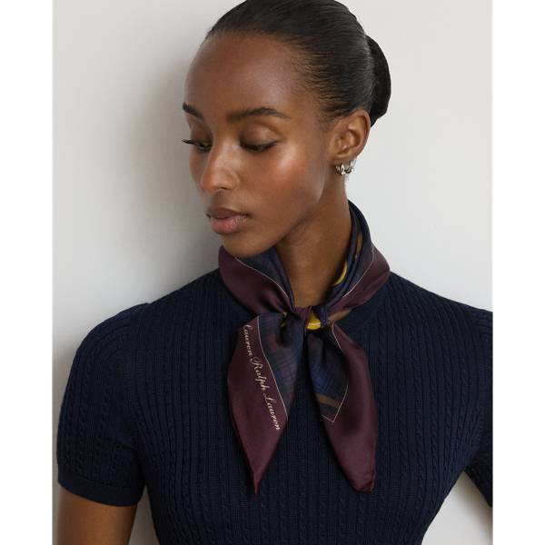 Belting-Print Plaid Silk Square Scarf