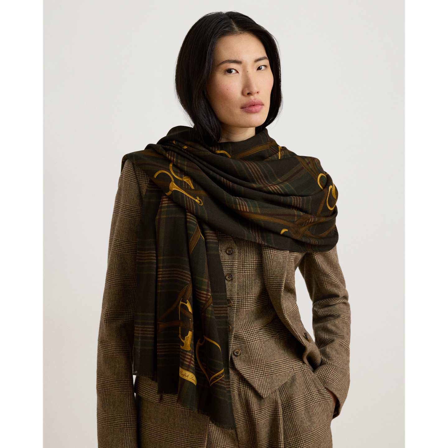 Женский шарф Ralph Lauren Plaid & Belting-Print Wool Wrap, цвет: Коричневый — фото 2