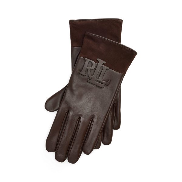 Country Brown Logo-Trim Sheepskin Tech Gloves Lauren 1