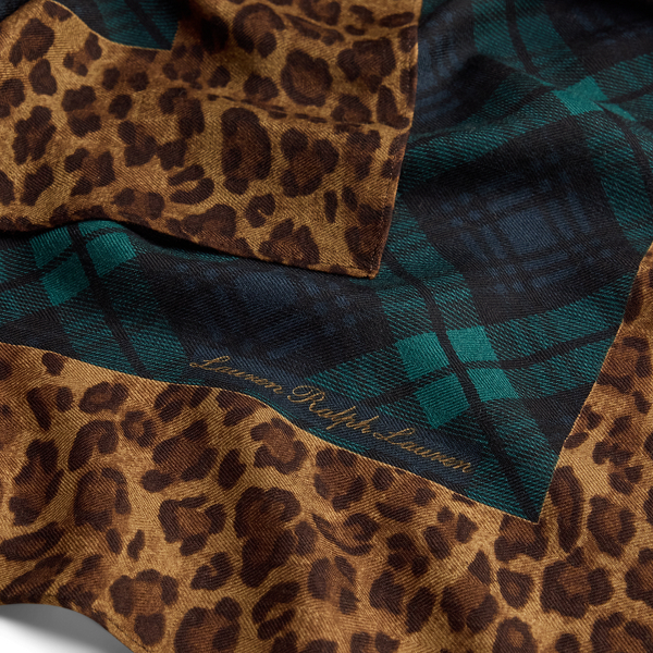 Plaid & Ocelot-Print Wool-Silk Scarf