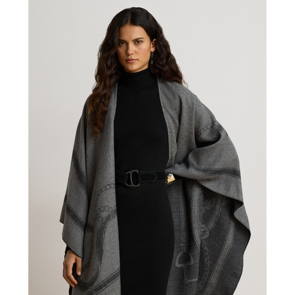 Belting-Motif Jacquard Fringe-Trim Ruana