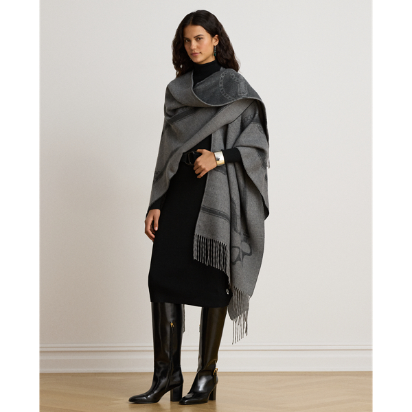 Belting-Motif Jacquard Fringe-Trim Ruana