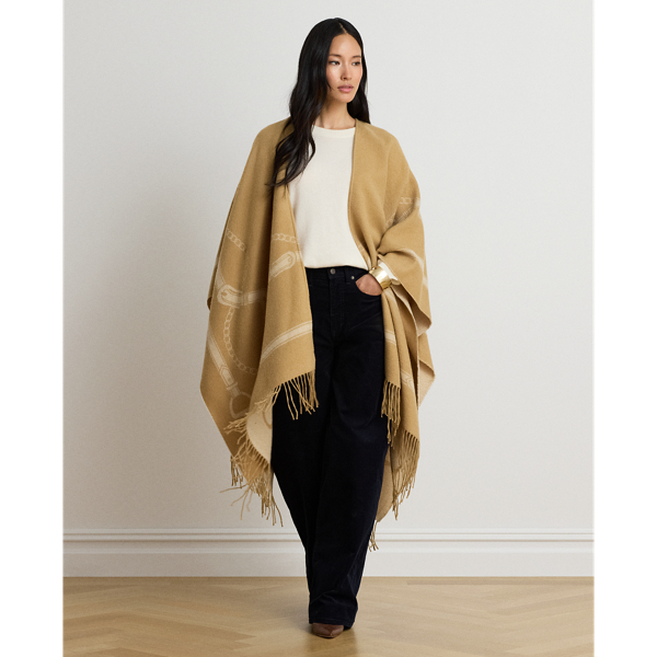 Poncho en jacquard frang&eacute; &agrave; motif brides
