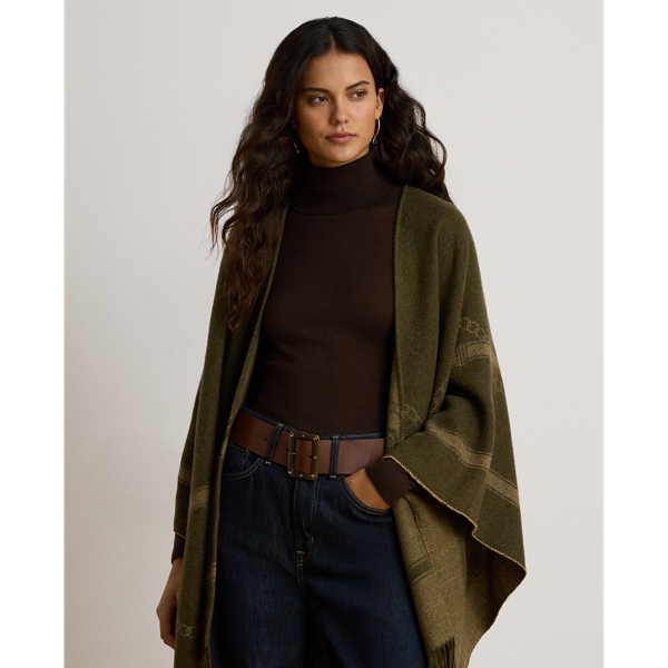 Belting-Motif Jacquard Fringe-Trim Ruana