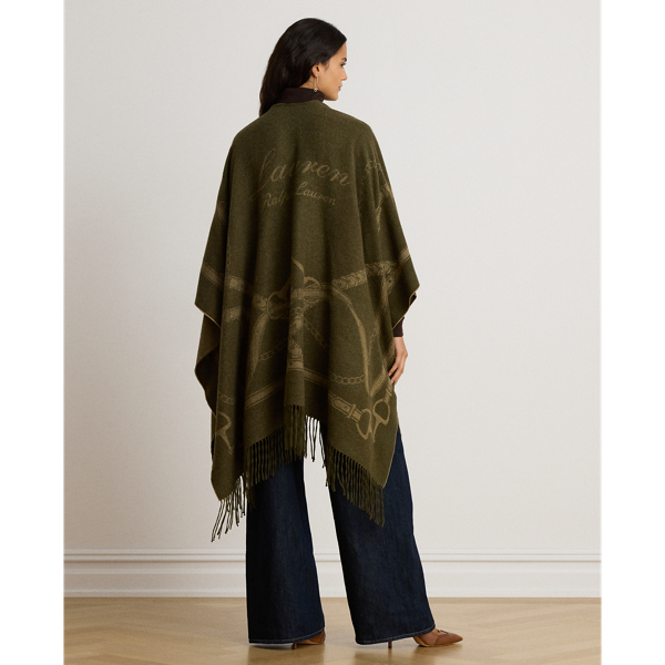 Belting-Motif Jacquard Fringe-Trim Ruana