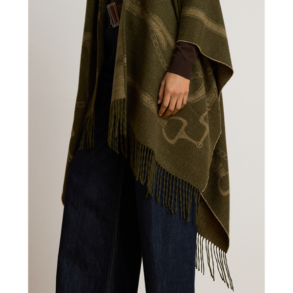 Belting-Motif Jacquard Fringe-Trim Ruana
