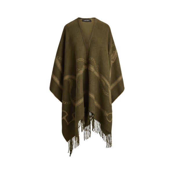 Belting-Motif Jacquard Fringe-Trim Ruana