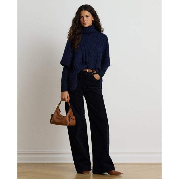 Navy Button-Trim Cable-Knit Mockneck Poncho Lauren 4