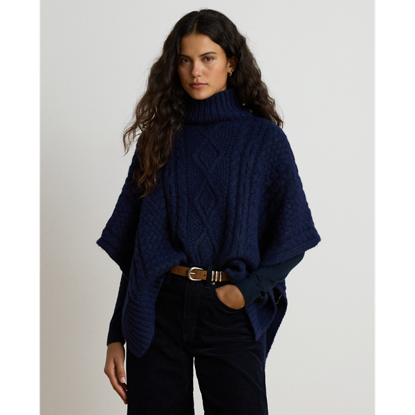 Navy Button-Trim Cable-Knit Mockneck Poncho Lauren 1