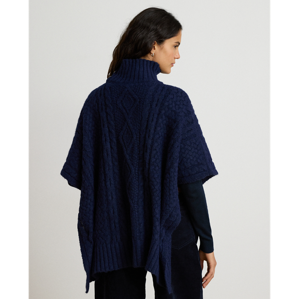 Navy Button-Trim Cable-Knit Mockneck Poncho Lauren 5