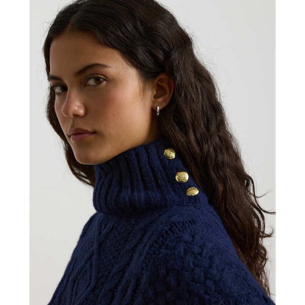 Navy Button-Trim Cable-Knit Mockneck Poncho Lauren 6