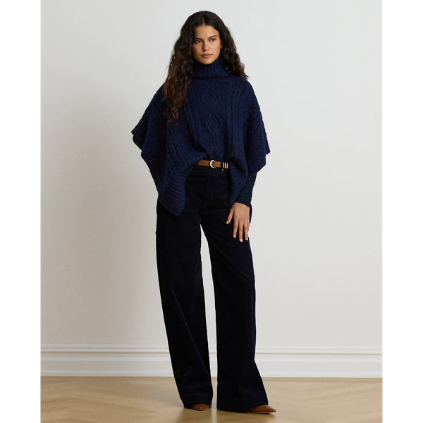 Navy Button-Trim Cable-Knit Mockneck Poncho Lauren 7
