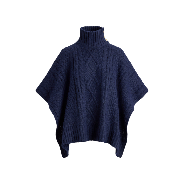 Navy Button-Trim Cable-Knit Mockneck Poncho Lauren 2