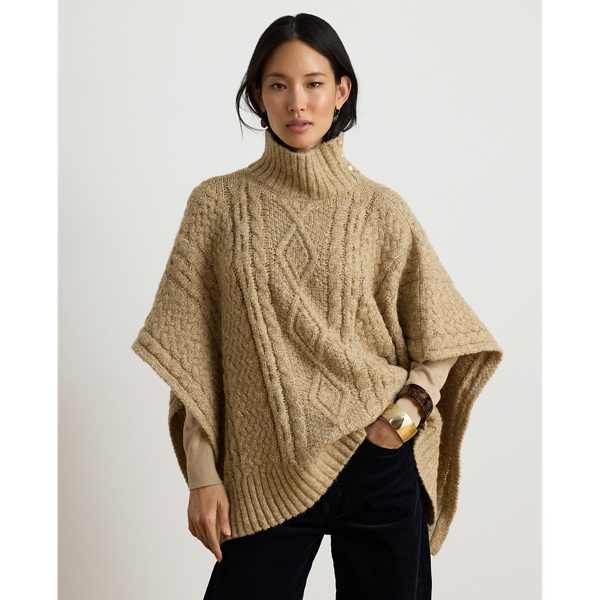 Button-Trim Cable-Knit Mockneck Poncho