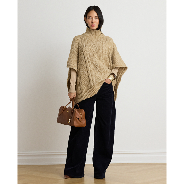 Button-Trim Cable-Knit Mockneck Poncho