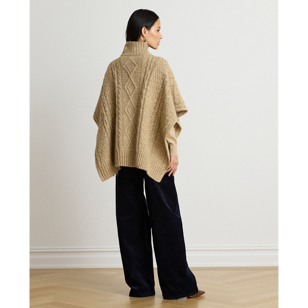 Button-Trim Cable-Knit Mockneck Poncho