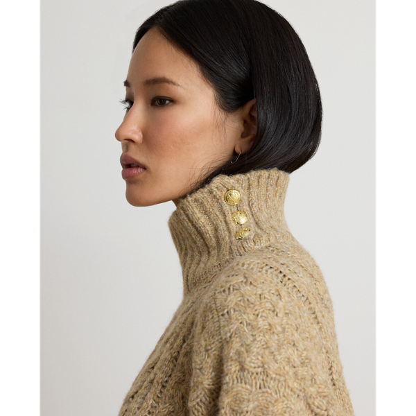 Button-Trim Cable-Knit Mockneck Poncho