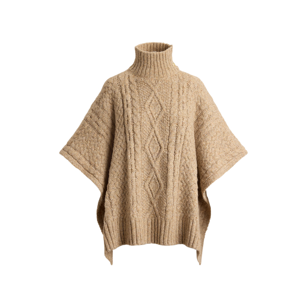 Button-Trim Cable-Knit Mockneck Poncho