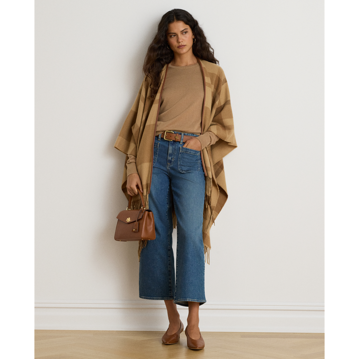 Ralph Lauren Plaid Fringe-Trim Ruana, цвет: Верблюжий разноцветный — фото 4