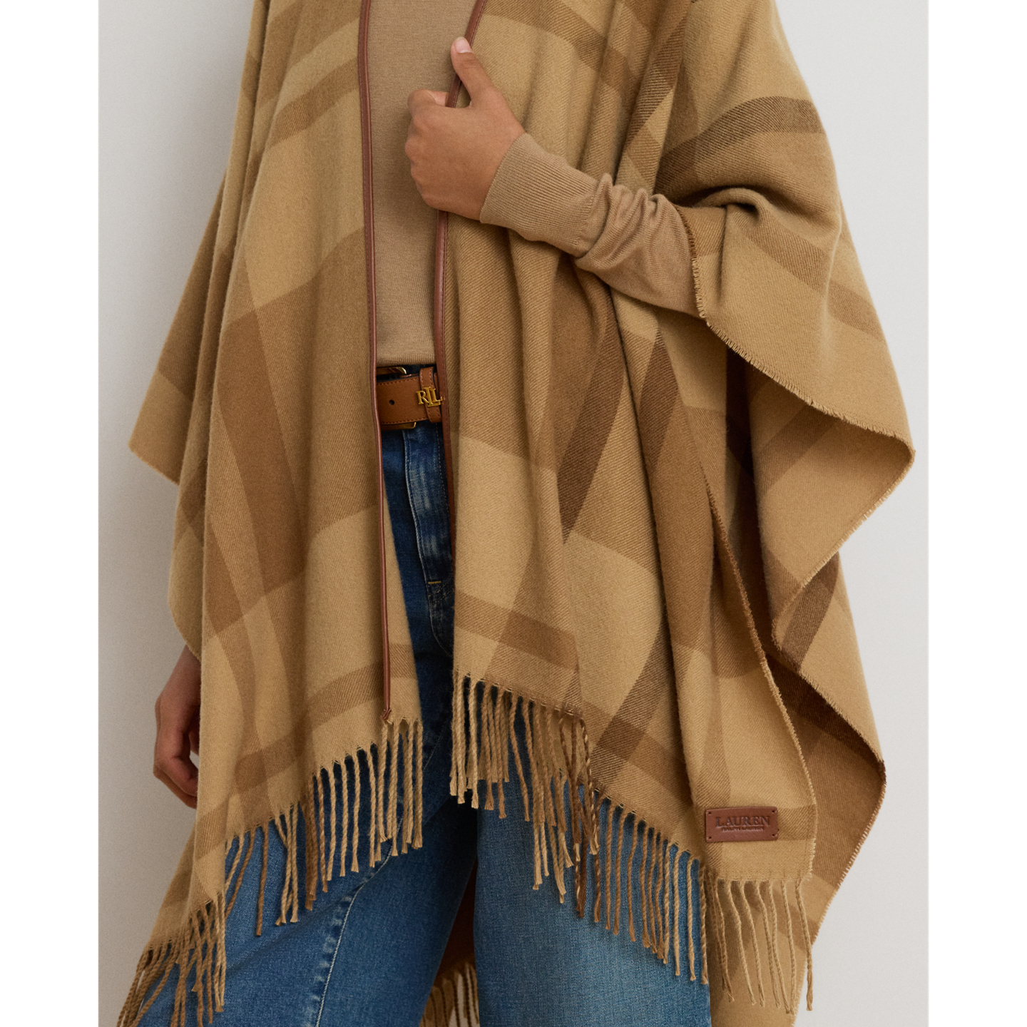 Ralph Lauren Plaid Fringe-Trim Ruana, цвет: Верблюжий разноцветный — фото 3