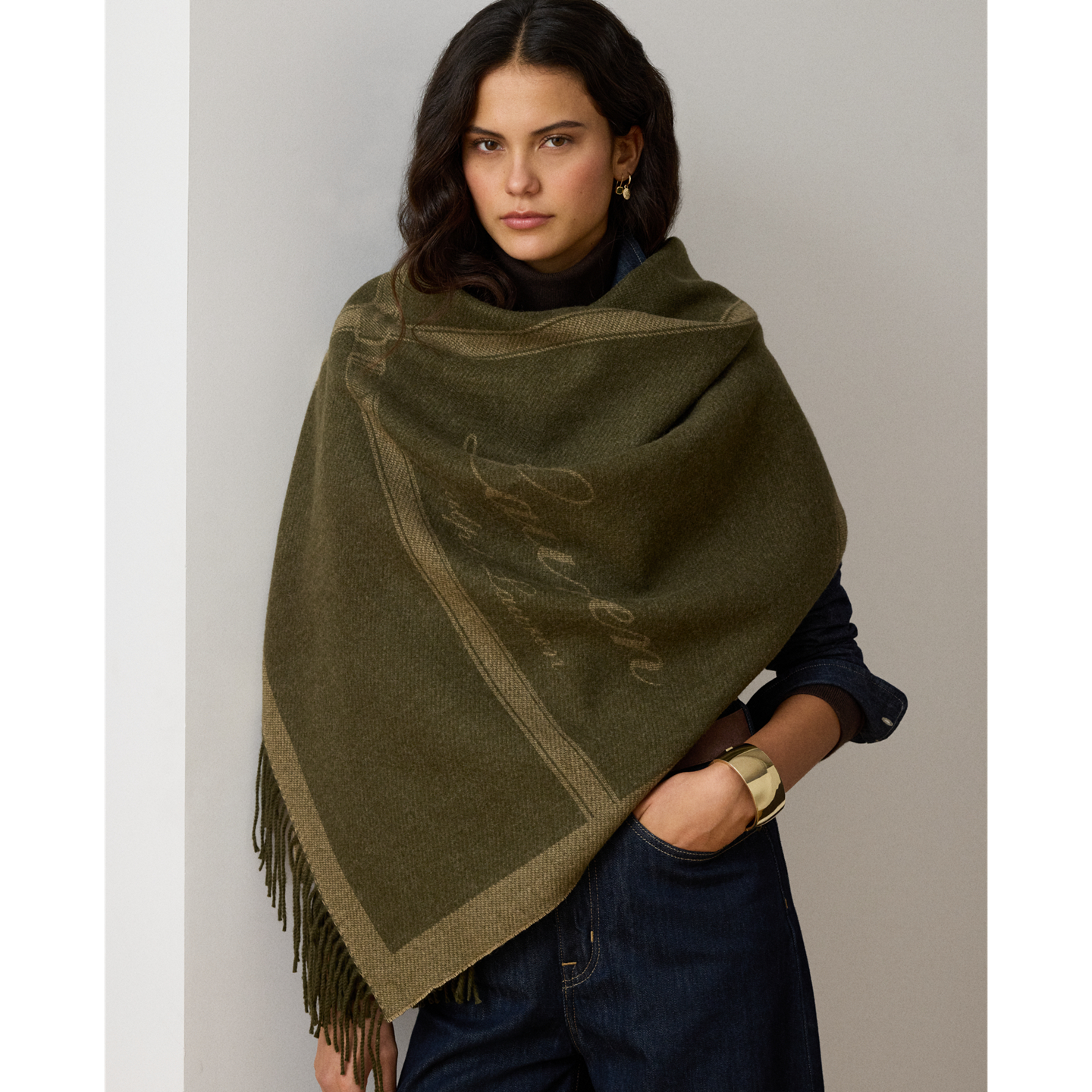 Женский шарф Ralph Lauren Belting-Motif Jacquard Blanket, цвет: Оливковый / Верблюжий — фото 2