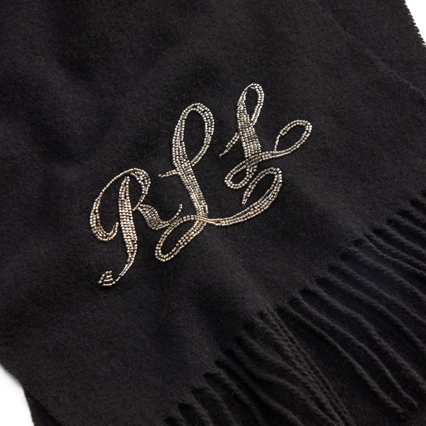 Beaded-Logo Fringe-Trim Wool Scarf