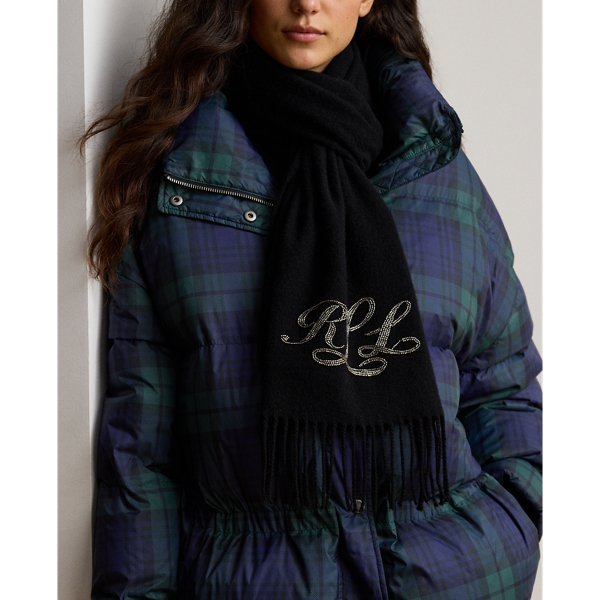 Beaded-Logo Fringe-Trim Wool Scarf