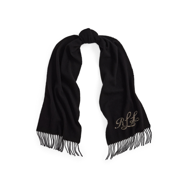 Beaded-Logo Fringe-Trim Wool Scarf