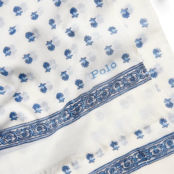 Blue Multi Fringe-Trim Printed Cotton Scarf Polo Ralph Lauren 3