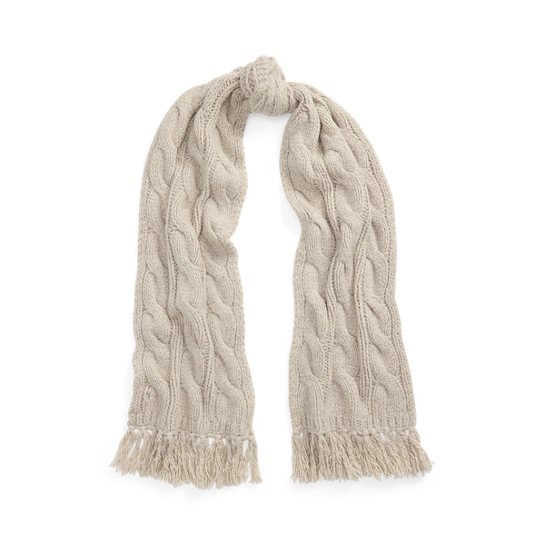 Grey Cable-Knit Wool-Cashmere Fringe Scarf Polo Ralph Lauren 1