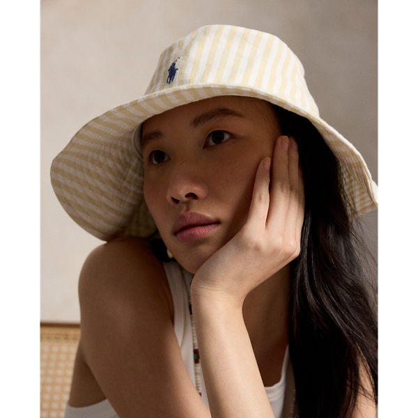 ラルフローレン レディース ハット 帽子 ストライプド リネン サン 赤 麻 春 ストライプド リネン サン ハット | ラルフ ローレン公式オンラインストア