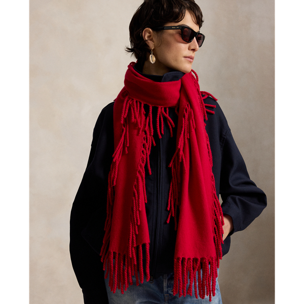 Red Wool Fringe Wrap Scarf Polo Ralph Lauren 3