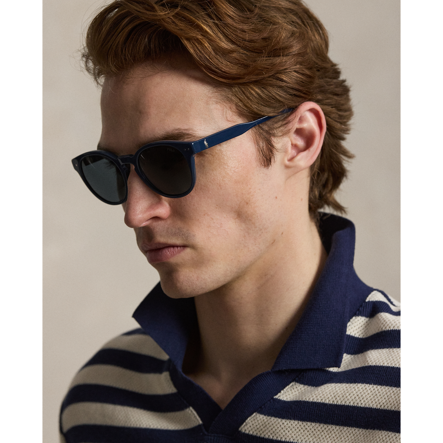 Мужские солнцезащитные очки Ralph Lauren Rugby-Stripe Round Sunglasses, цвет: Блестящий синий полосатый гавана — фото 3