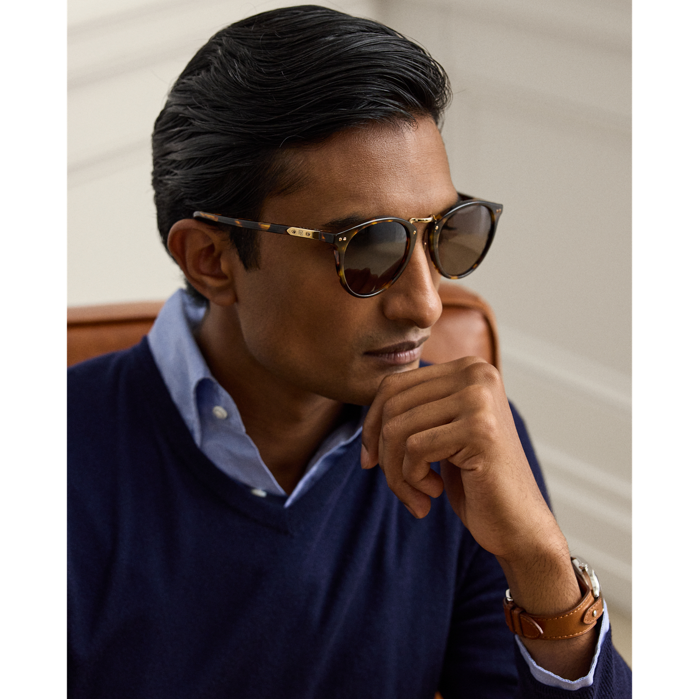Мужские солнцезащитные очки Ralph Lauren Automotive Round Sunglasses, цвет: Состаренный гавана — фото 2