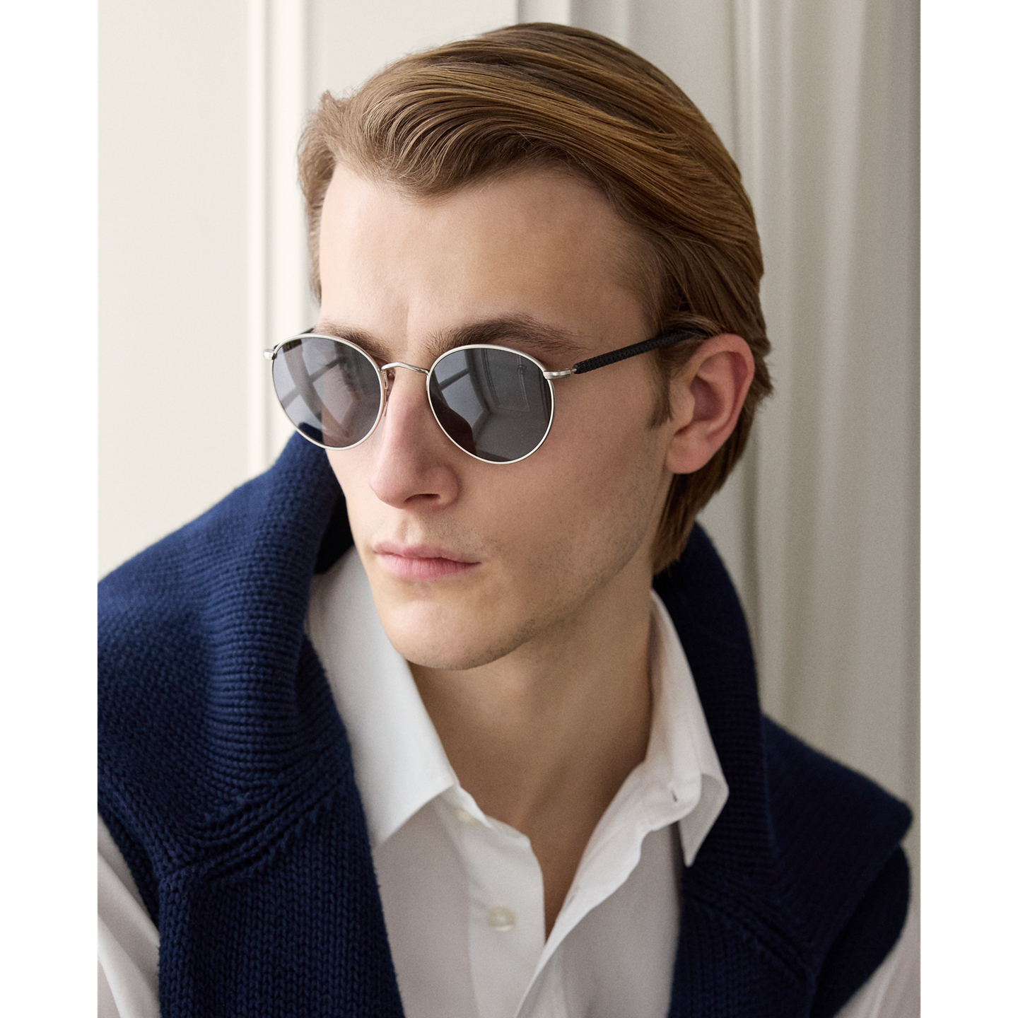 Мужские солнцезащитные очки Ralph Lauren Automotive Leather-Trim Metal Sunglasses, цвет: Блестящий серебряный — фото 3