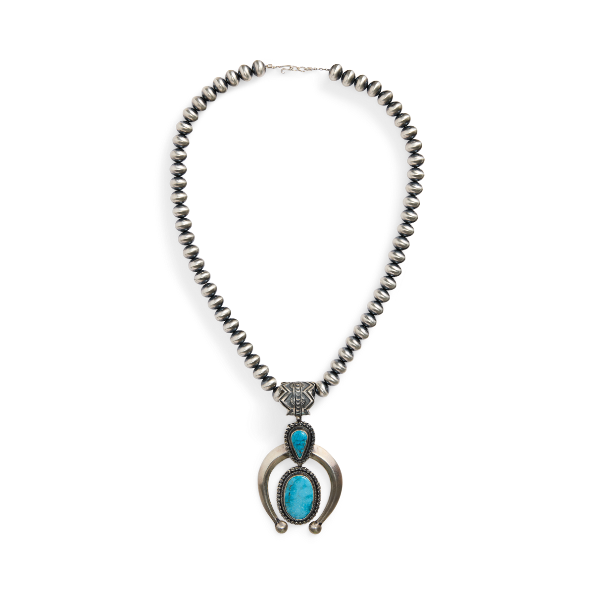 Noteworthy Native American Navajo American Flag Coral Sterling Silver Squash Blossom Necklace