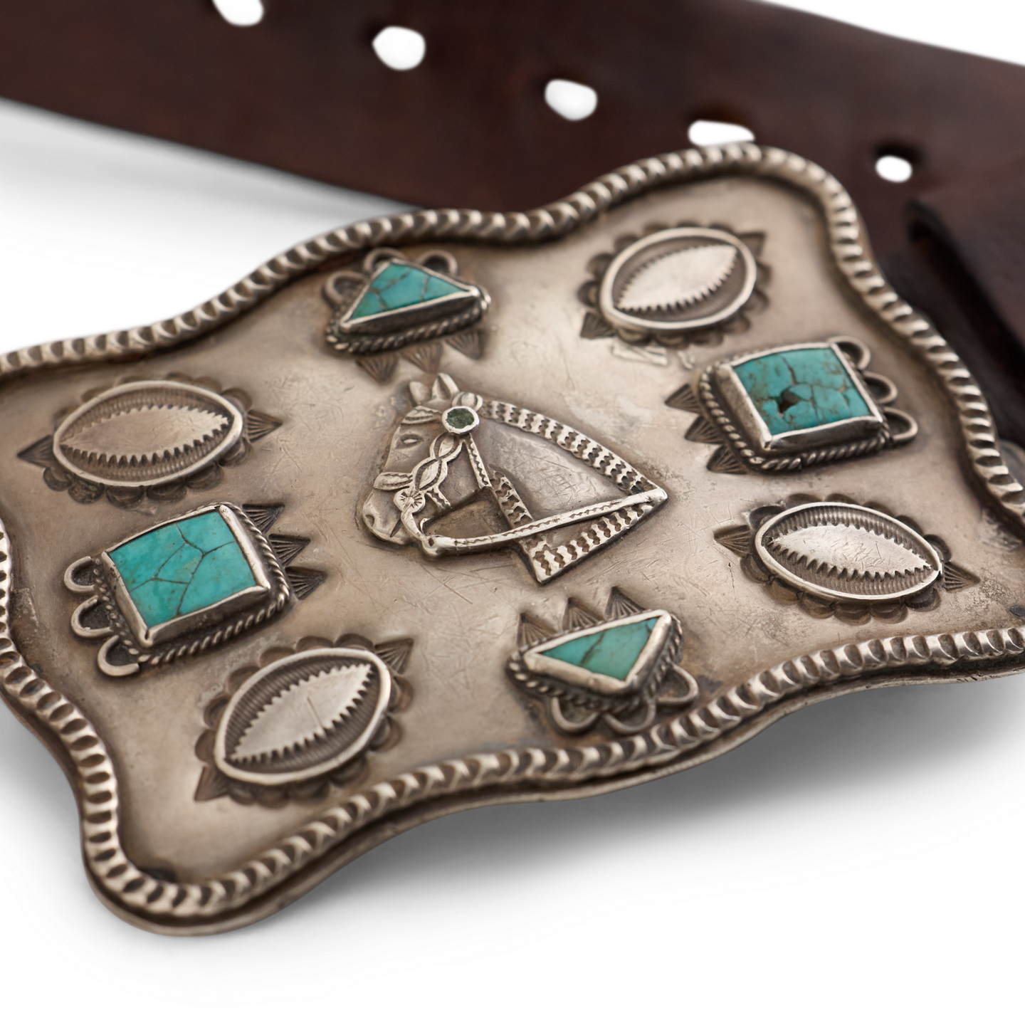 Мужской ремень Ralph Lauren Vintage Turquoise-Buckle - Size 42, цвет: Серебряный — фото 1