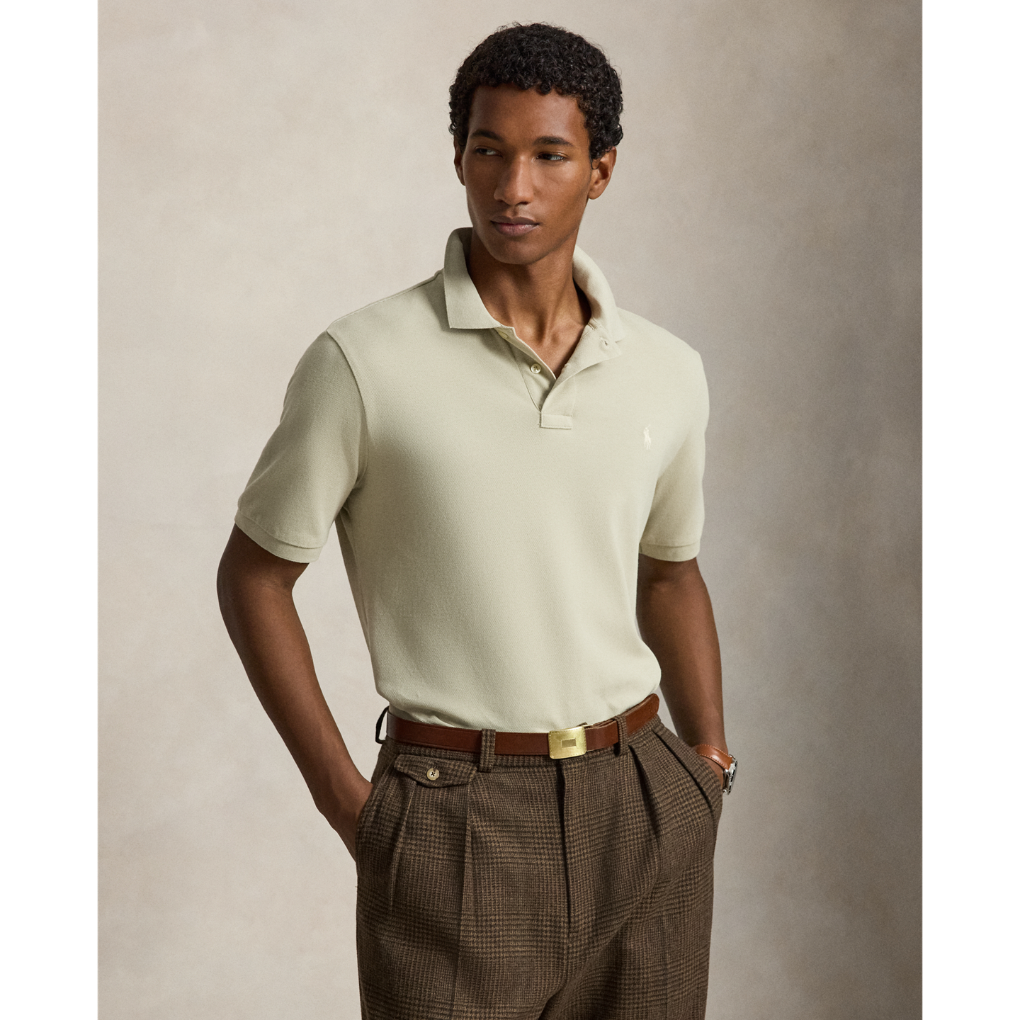 Мужское поло Ralph Lauren The Iconic Mesh Polo Shirt - All Fits, цвет: Серо-бежевый — фото 4