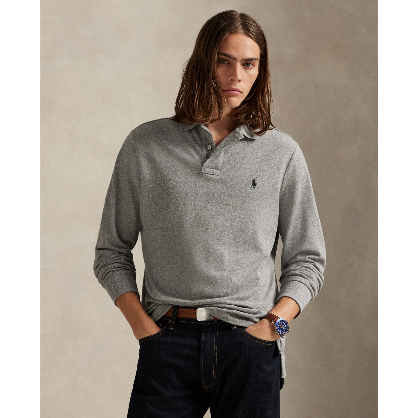 Мужское поло Ralph Lauren Mesh Long-Sleeve Polo Shirt – All Fits, цвет: Меланжевый, вариант 1 — фото 5