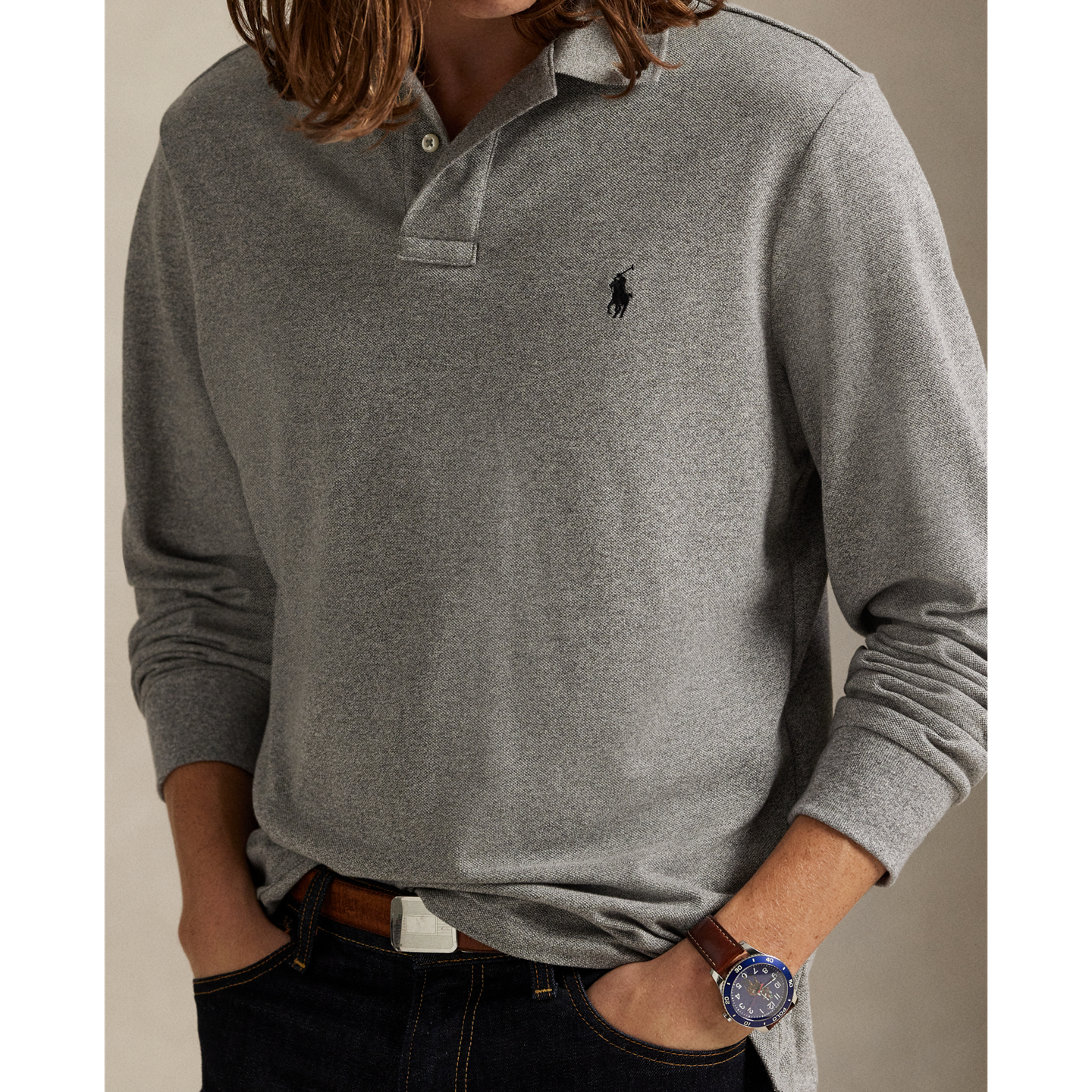 Мужское поло Ralph Lauren Mesh Long-Sleeve Polo Shirt – All Fits, цвет: Меланжевый, вариант 1 — фото 3