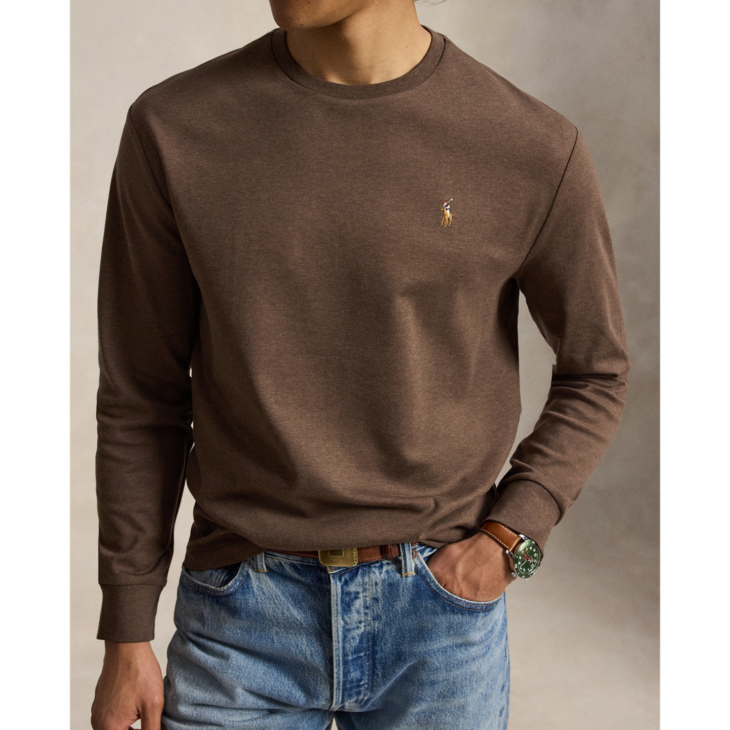Мужская футболка Ralph Lauren Classic Fit Soft Cotton Crewneck, цвет: Коричневый меланжевый — фото 3