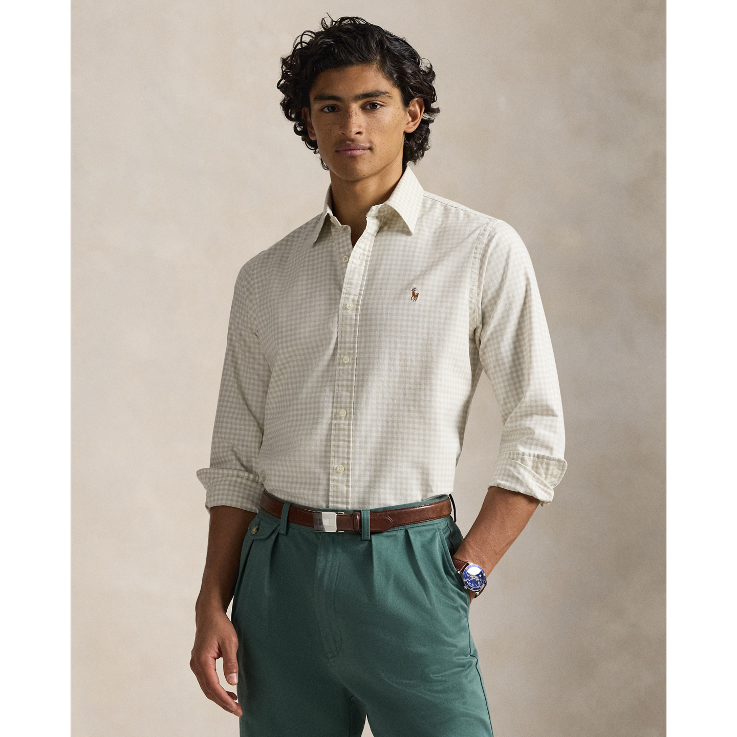 Мужская рубашка Ralph Lauren Classic Fit Gingham Oxford, цвет: Песочный белый — фото 4