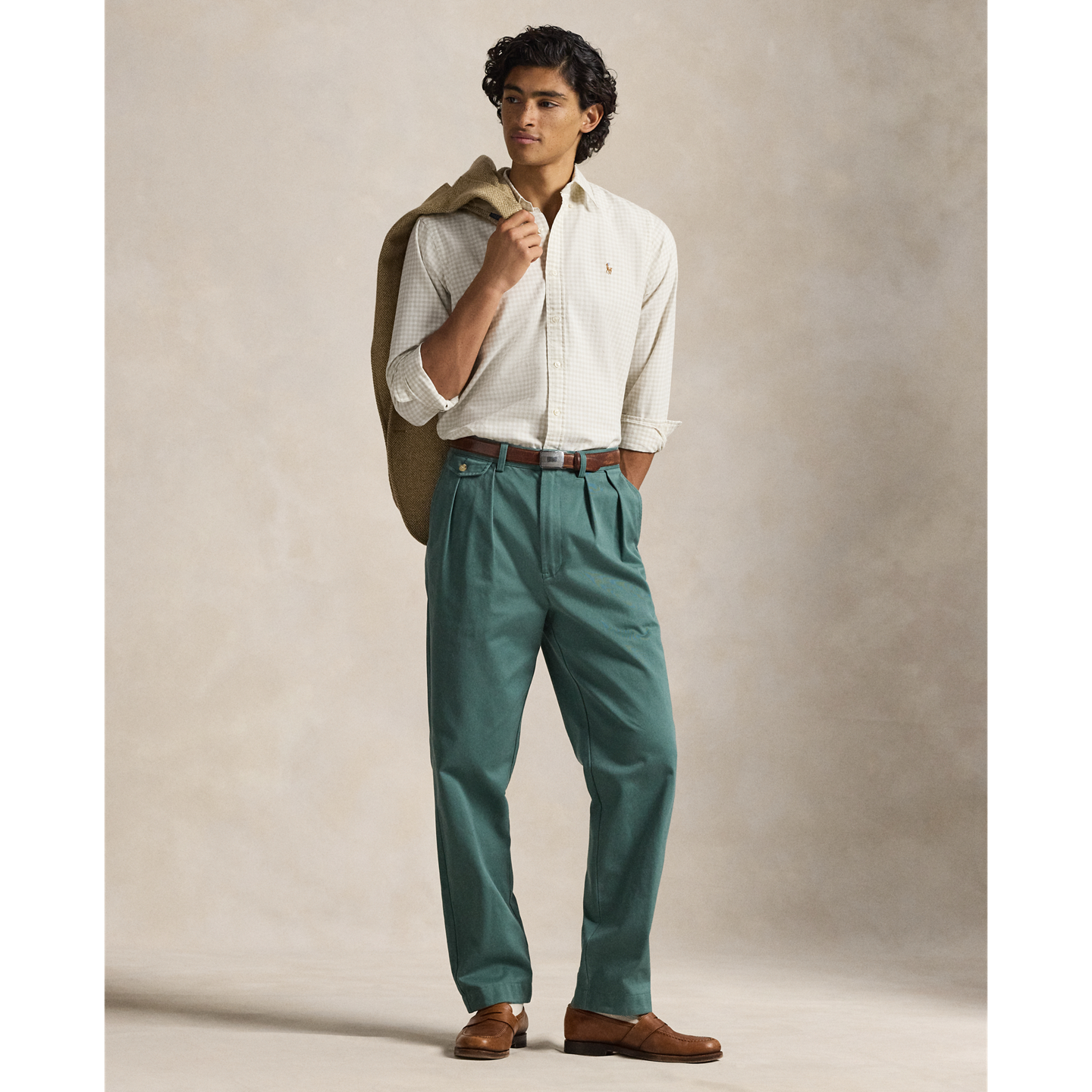 Мужская рубашка Ralph Lauren Classic Fit Gingham Oxford, цвет: Песочный белый — фото 1