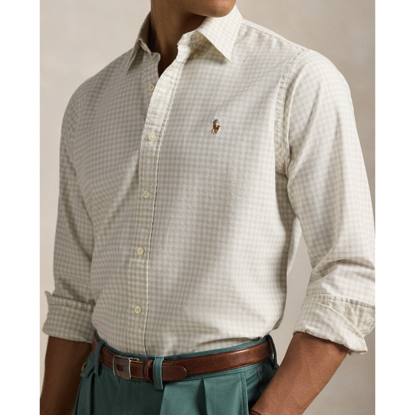 Мужская рубашка Ralph Lauren Classic Fit Gingham Oxford, цвет: Песочный белый — фото 3