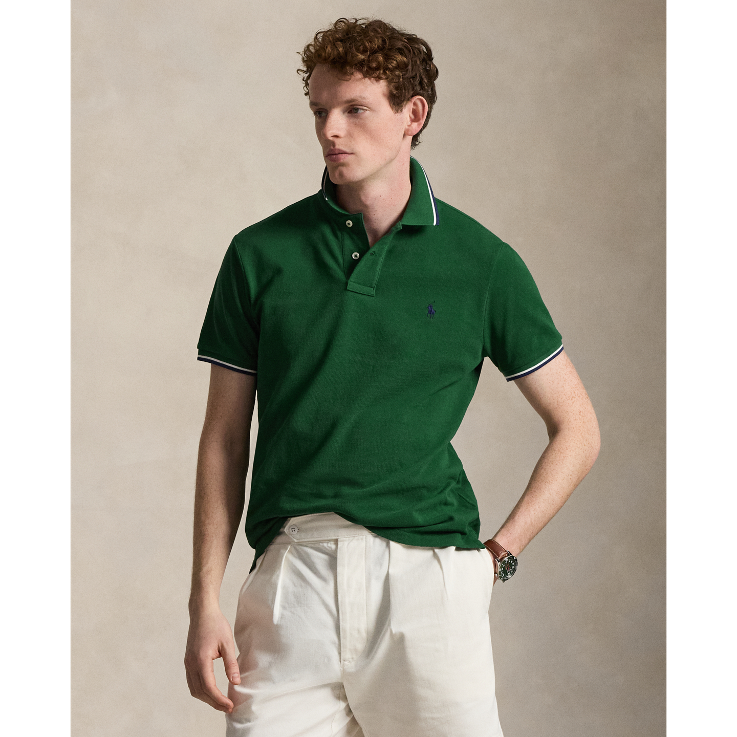 Мужская сетчатая рубашка-поло Ralph Lauren Custom Slim Fit, цвет: Тёмно-зелёный — фото 5
