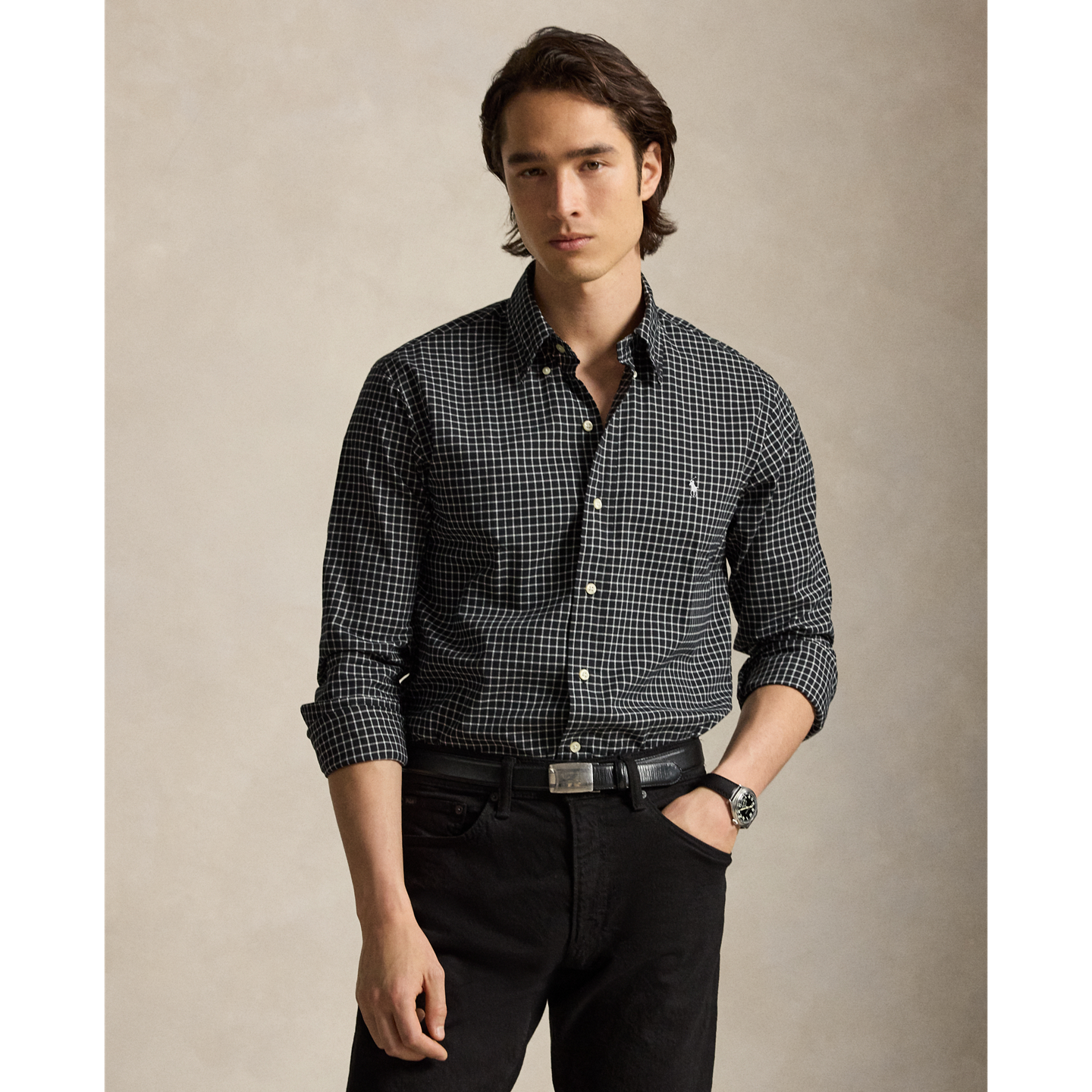 Мужская рубашка Ralph Lauren Classic Fit Plaid Twill, цвет: Чёрный кремовый — фото 4