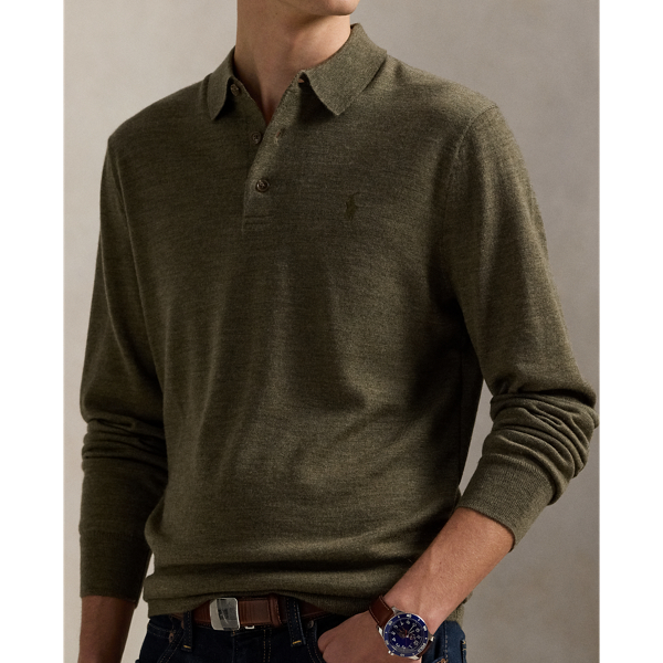 Cargo Olive Heather Washable Wool Polo-Collar Jumper Polo Ralph Lauren 6